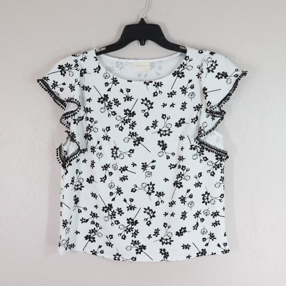 Melloday Top L Black White Floral Bricabrac Dangle Ruffle Cap Sleeve Pullover